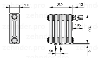 Схема (чертеж) Радиатор Zehnder Charleston 3030/5 №V008 Белый глянцевый RAL 9016